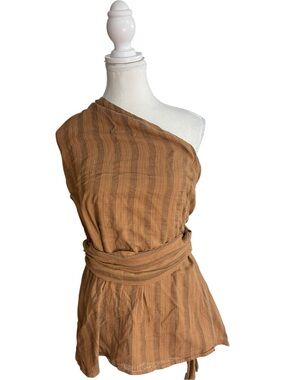 Zara Asymmetric One-Shoulder Striped Wrap Top Tunic Brown